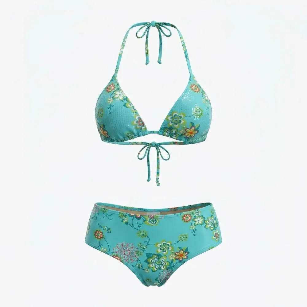 Pan Dulce Aqua Floral Sequin Bikini Set (Medium / 11/12 Top & 9/10 Bottom)